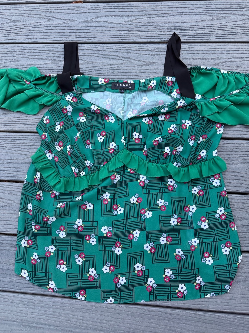 Eloquii Green Floral Geometric Off-Shoulder Ruffle Camisole
